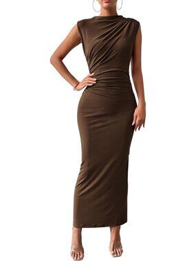 Women's Bodycon Coffee Summer Sleeveless Back Slit Party Cocktail Maxi Dress